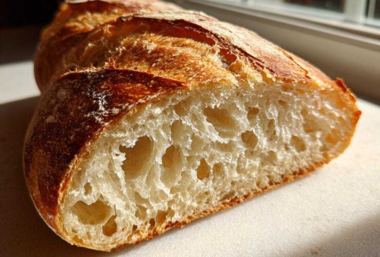 Close-up of a freshly baked loaf of french bread sliced open, showing an airy, open crumb structure.