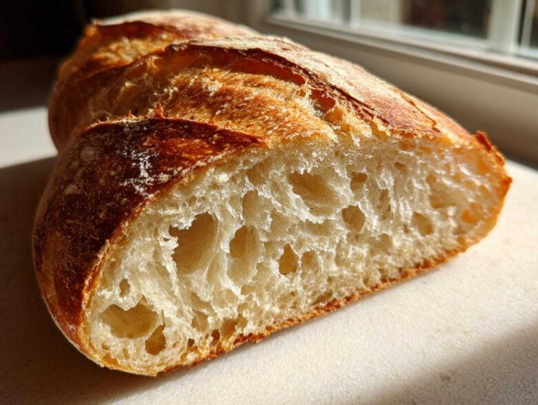 Close-up of a freshly baked loaf of french bread sliced open, showing an airy, open crumb structure.