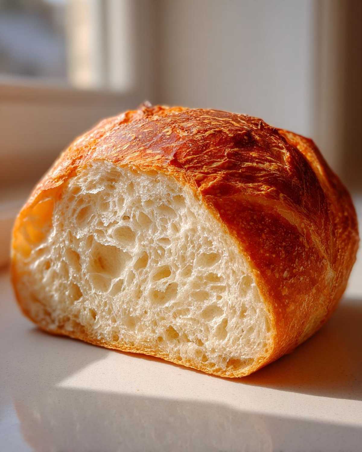 Close-up of a freshly baked french bread loaf cut in half, showing a beautiful open, airy crumb and golden crust.