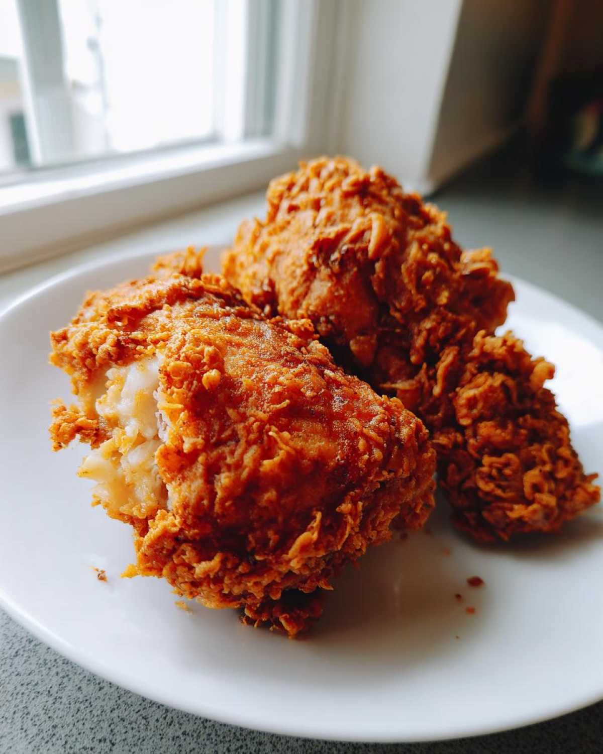 Close-up of three pieces of golden brown, crispy fried chicken resting on a white plate near a window.