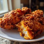 Close-up of three pieces of perfectly crispy, golden brown fried chicken on a white plate.