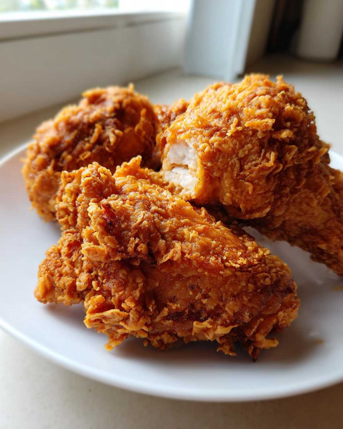Close-up of three pieces of golden, crispy fried chicken on a white plate, one piece showing the white meat inside.