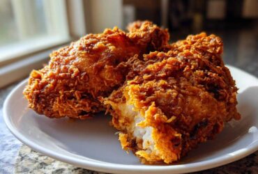Close-up of three pieces of perfectly crispy, golden brown fried chicken on a white plate.
