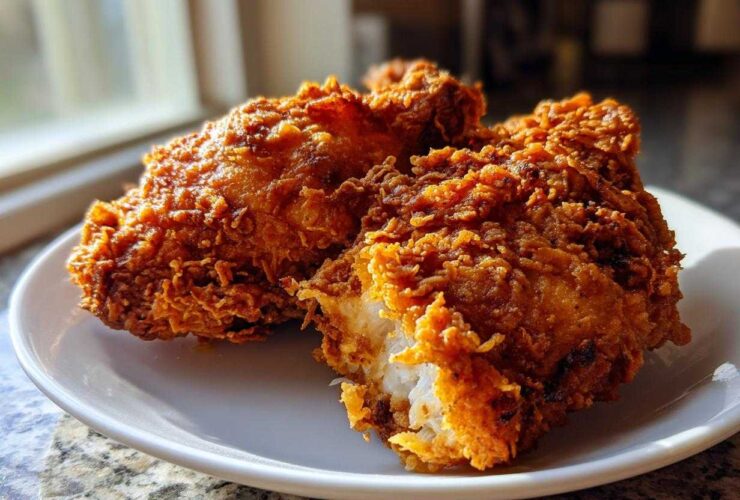 Close-up of three pieces of perfectly crispy, golden brown fried chicken on a white plate.