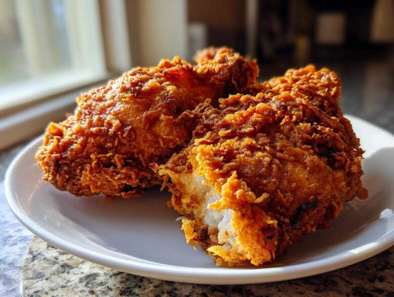 Close-up of three pieces of perfectly crispy, golden brown fried chicken on a white plate.