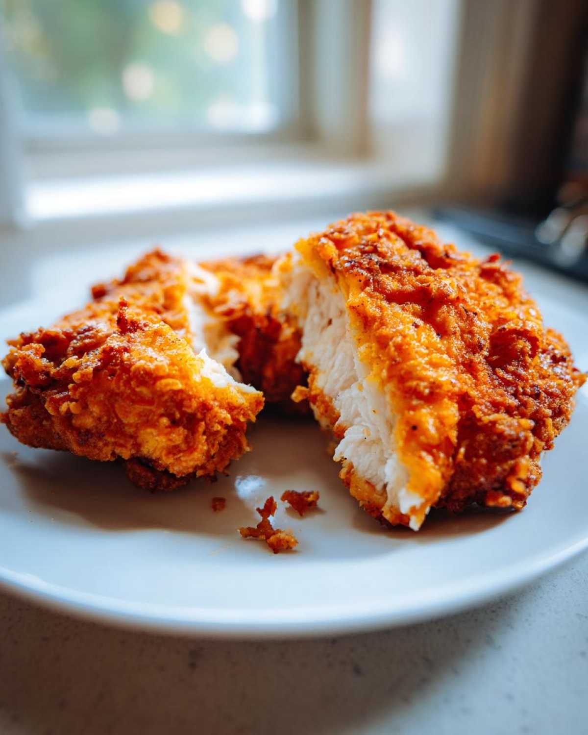 Close-up of perfectly cooked fried chicken, split open to show juicy white meat inside the crispy, reddish-orange coating.