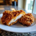 Close-up of perfectly cooked fried chicken, cut open to show juicy white meat inside crispy coating.
