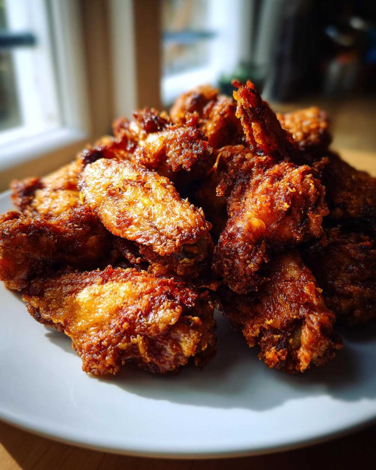 A close-up of a pile of golden brown, crispy fried chicken wings served on a white plate.