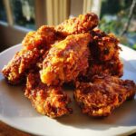 A close-up of several perfectly golden brown, crispy fried chicken wings piled on a white plate.