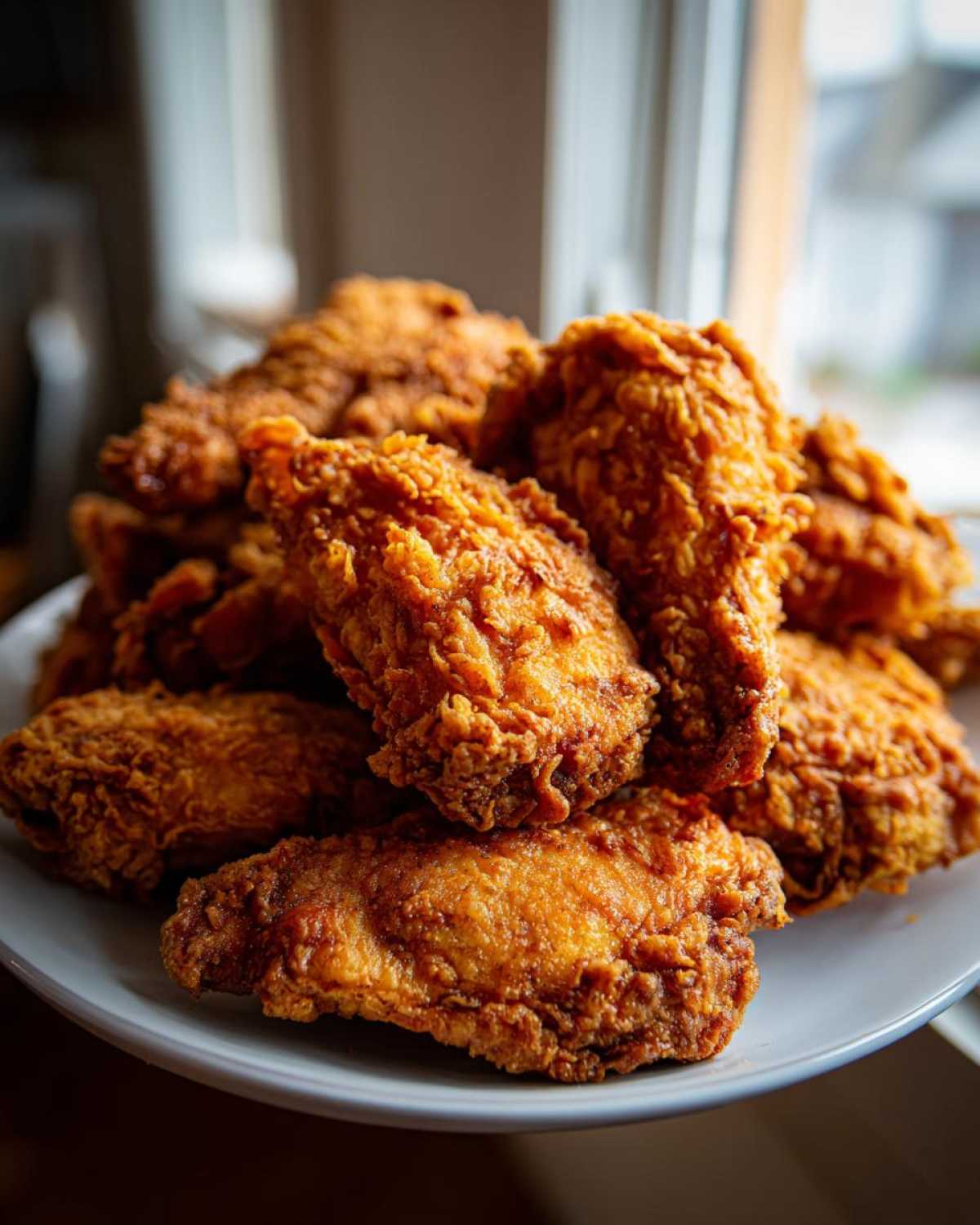 A close-up stack of golden brown, crispy fried chicken wings piled high on a white plate.