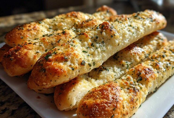 A close-up of several golden brown, cheesy garlic breadsticks sprinkled with green herbs, ready to eat.