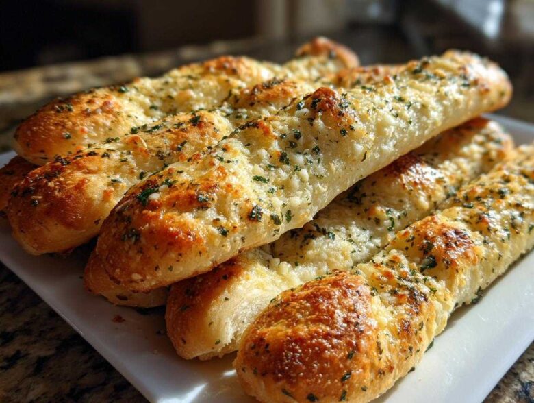 A close-up of several golden brown, cheesy garlic breadsticks sprinkled with green herbs, ready to eat.