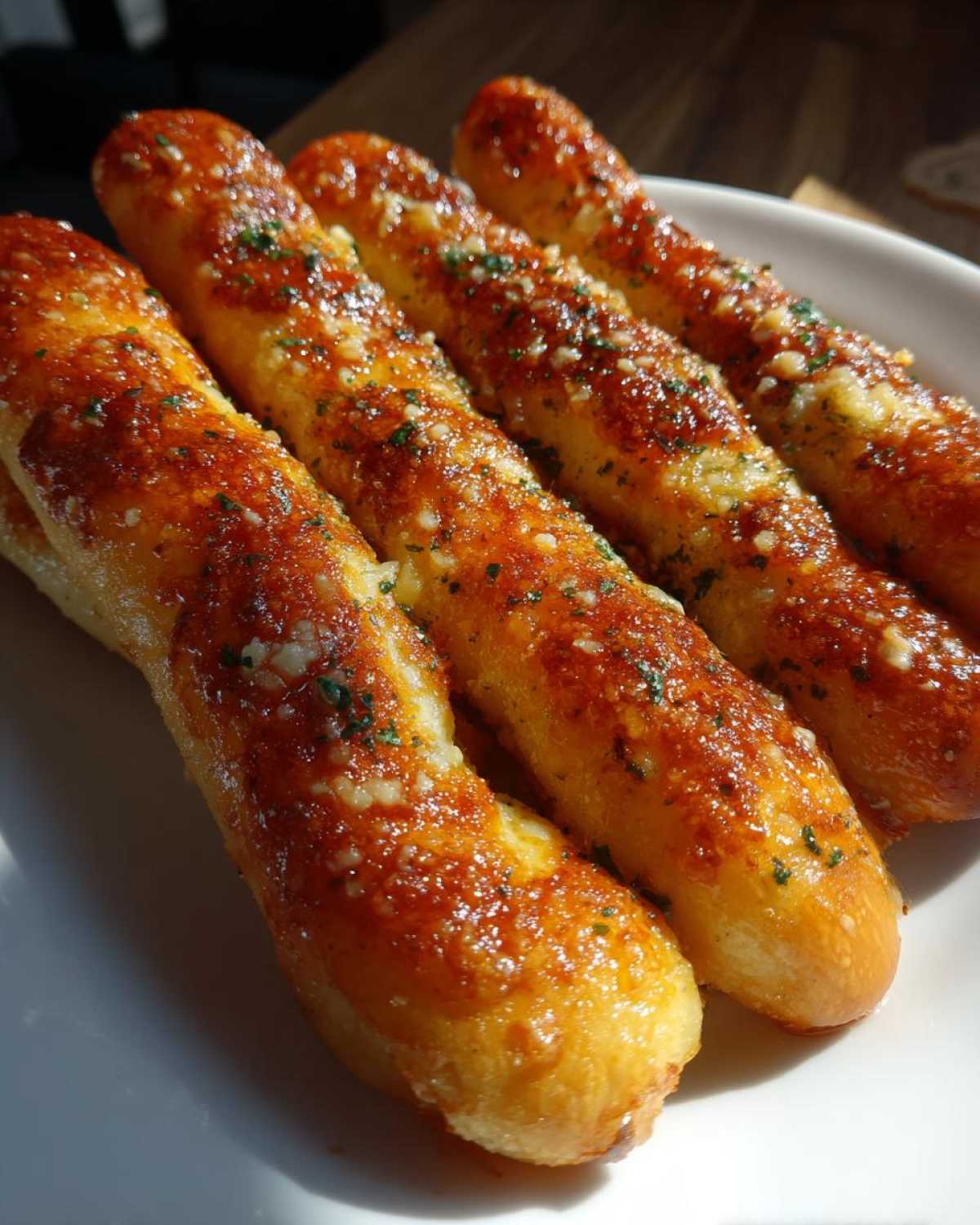 Close-up of four golden brown, glistening breadsticks brushed with garlic butter, cheese, and parsley.