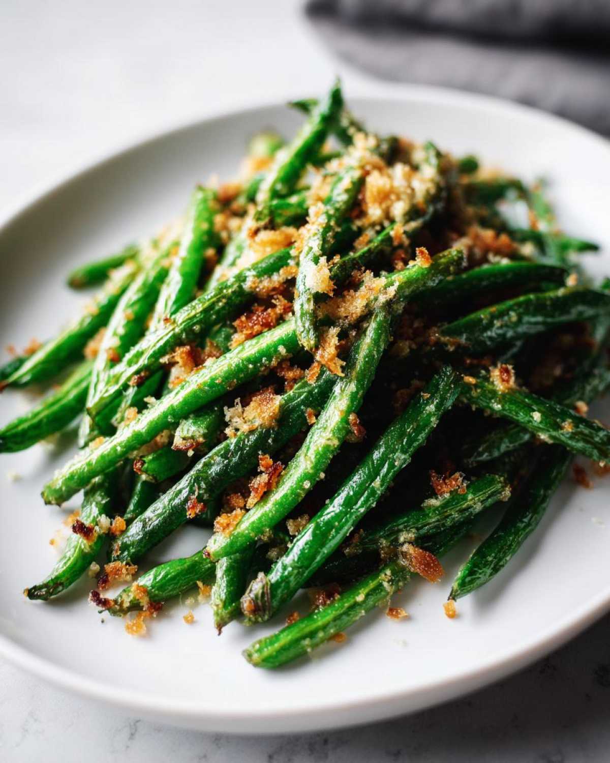 Close-up of bright green beans topped with golden, crispy breadcrumbs, ready to serve.