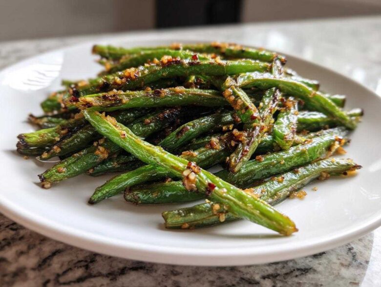 A close-up of bright green beans seasoned with garlic and spices, ready to serve.