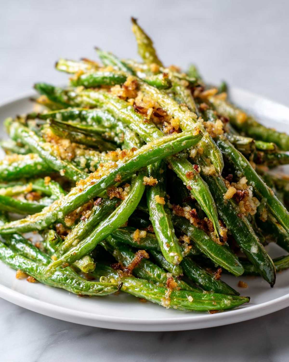 A mound of vibrant, roasted green beans topped with golden, crispy breadcrumbs on a white plate.
