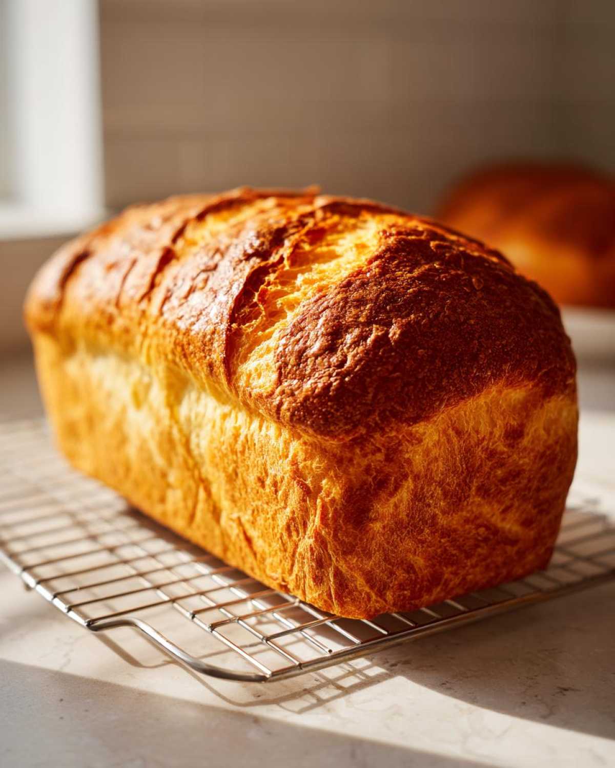 A freshly baked loaf of Italian bread with a deep golden, cracked crust resting on a cooling rack.