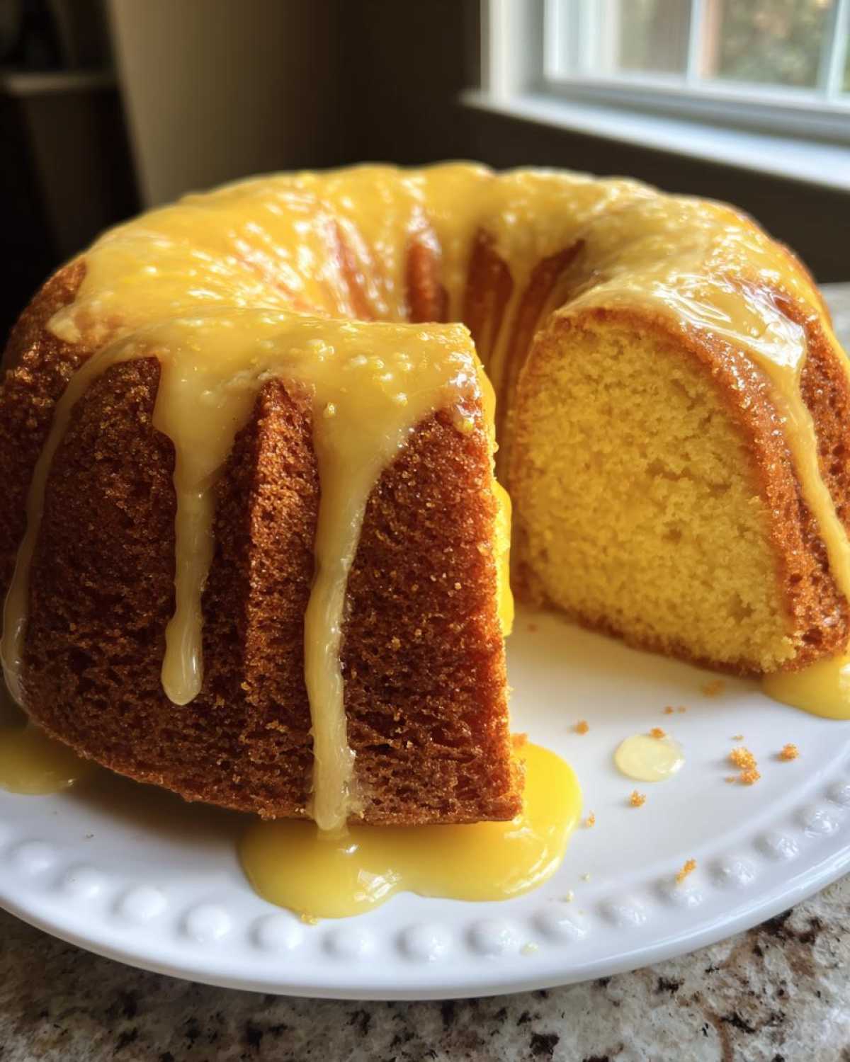 A slice removed from a bundt-style lemon pound cake topped with a thick, dripping lemon glaze.