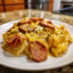 A close-up of a hearty serving of pierogi casserole topped with sliced, browned sausage and melted cheddar cheese.