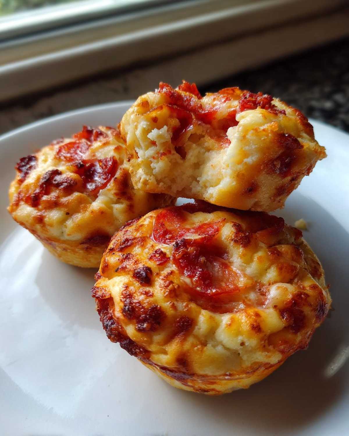 Three golden-brown pizza muffins stacked on a white plate, one broken open to show the fluffy interior.