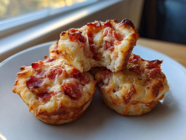 Three golden-brown Pizza Muffins stacked on a white plate, one broken open showing melted cheese and pepperoni filling.
