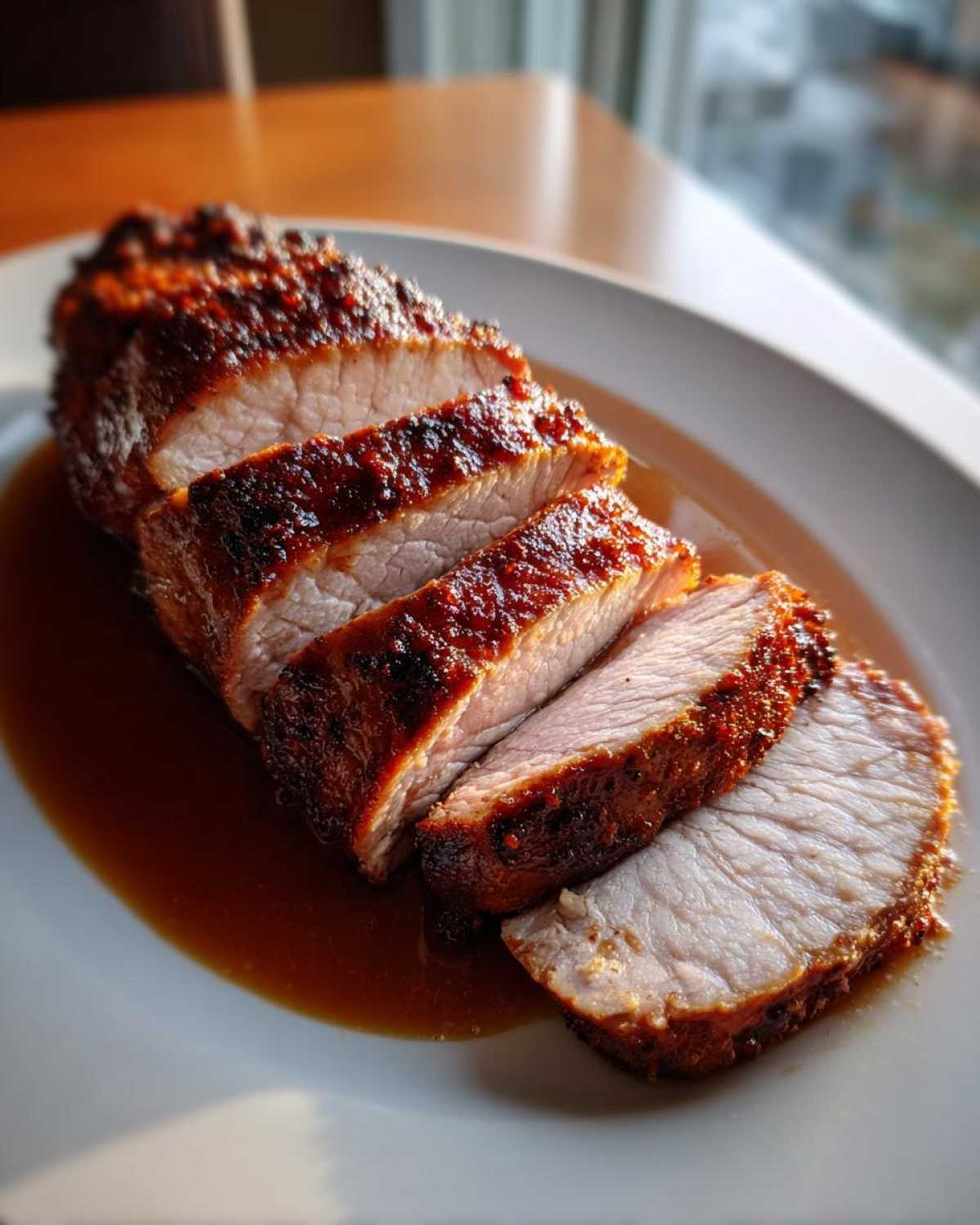 Close-up of a perfectly cooked pork loin roast, sliced and resting in its juices on a white platter.