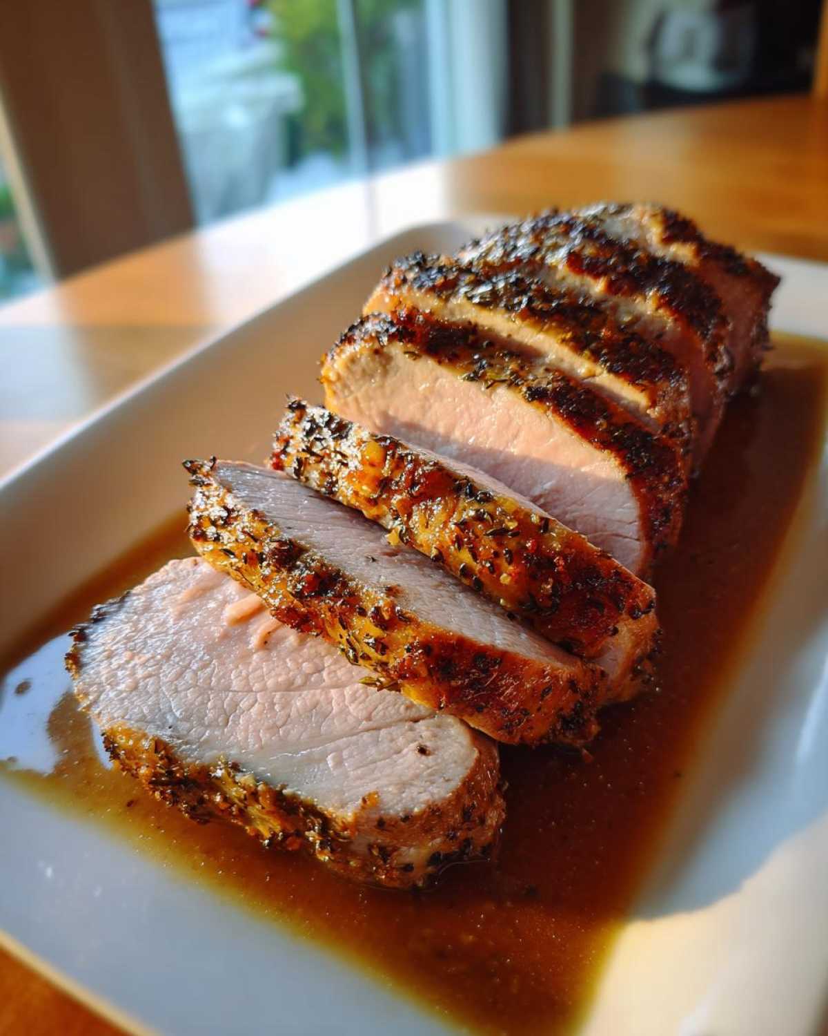 Slices of juicy pork loin roast with a dark herb crust resting in pan juices on a white platter.