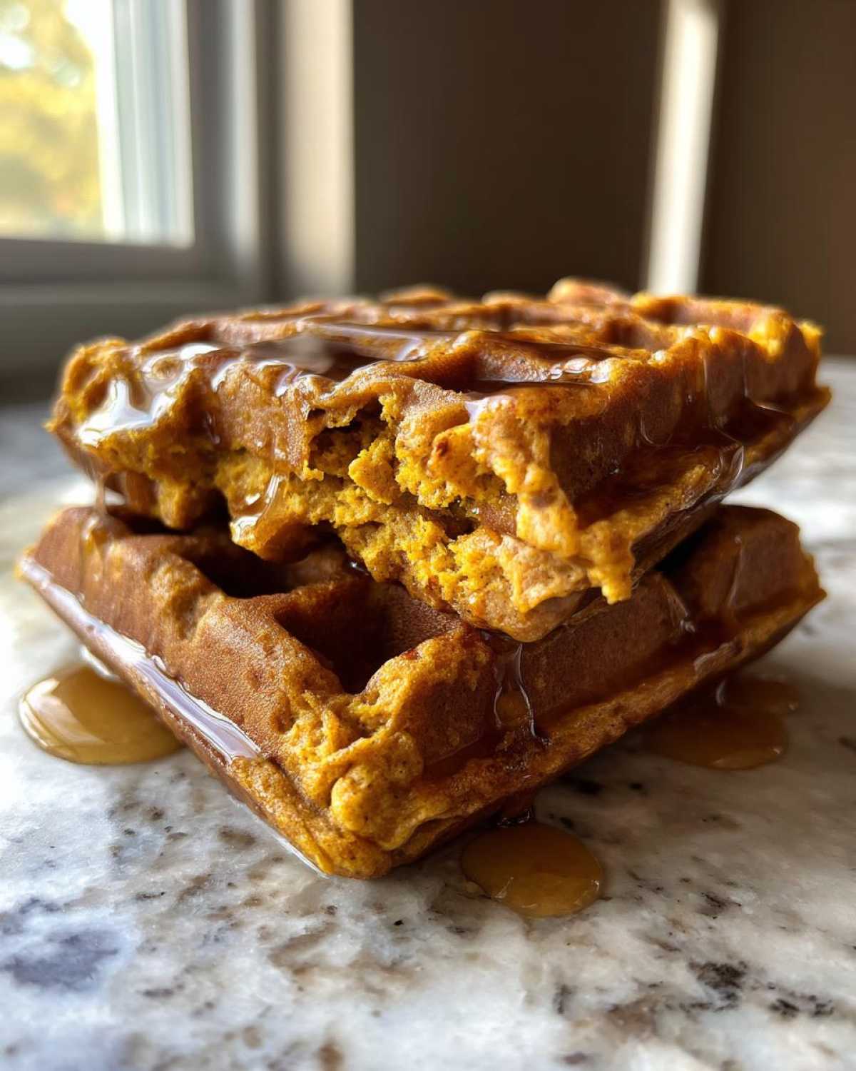 Close-up of two stacked, fluffy pumpkin waffles, one broken open, heavily drizzled with syrup on a marble counter.