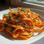 Close-up of a bright orange raw carrot salad made with shaved carrots, topped with sesame seeds and fresh cilantro.