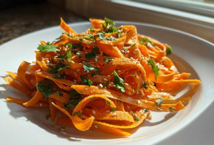 Close-up of a bright orange raw carrot salad made with shaved carrots, topped with sesame seeds and fresh cilantro.
