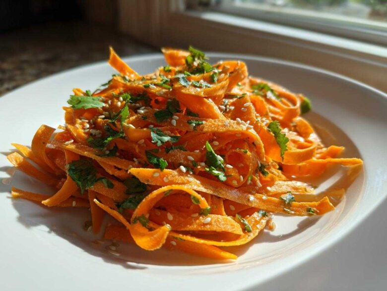 Close-up of a bright orange raw carrot salad made with shaved carrots, topped with sesame seeds and fresh cilantro.