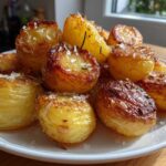 A plate piled high with golden brown, crispy roast potatoes seasoned with flaky sea salt and rosemary.