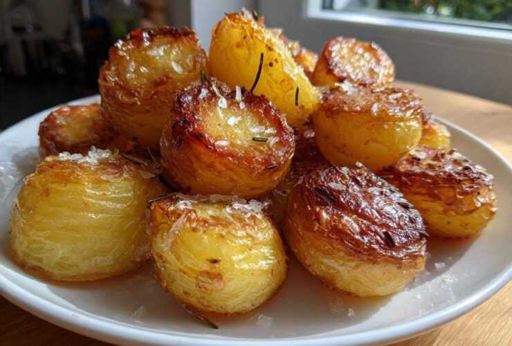 A plate piled high with golden brown, crispy roast potatoes seasoned with flaky sea salt and rosemary.