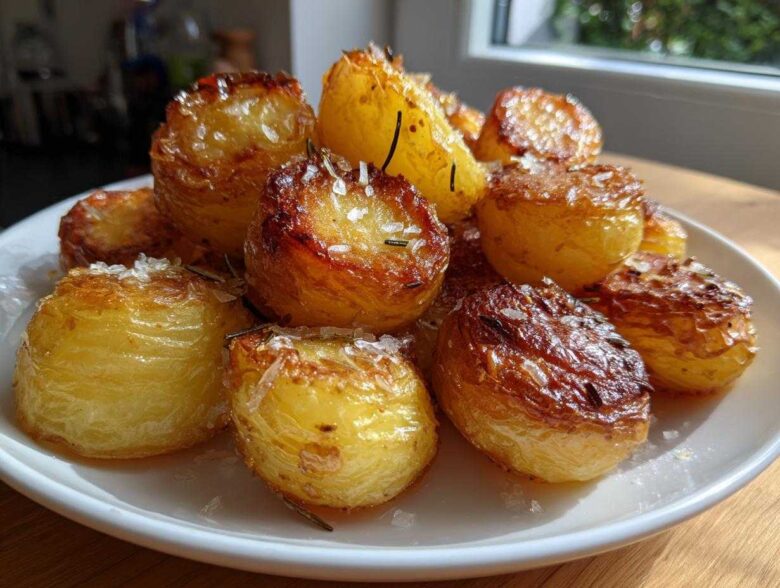 A plate piled high with golden brown, crispy roast potatoes seasoned with flaky sea salt and rosemary.