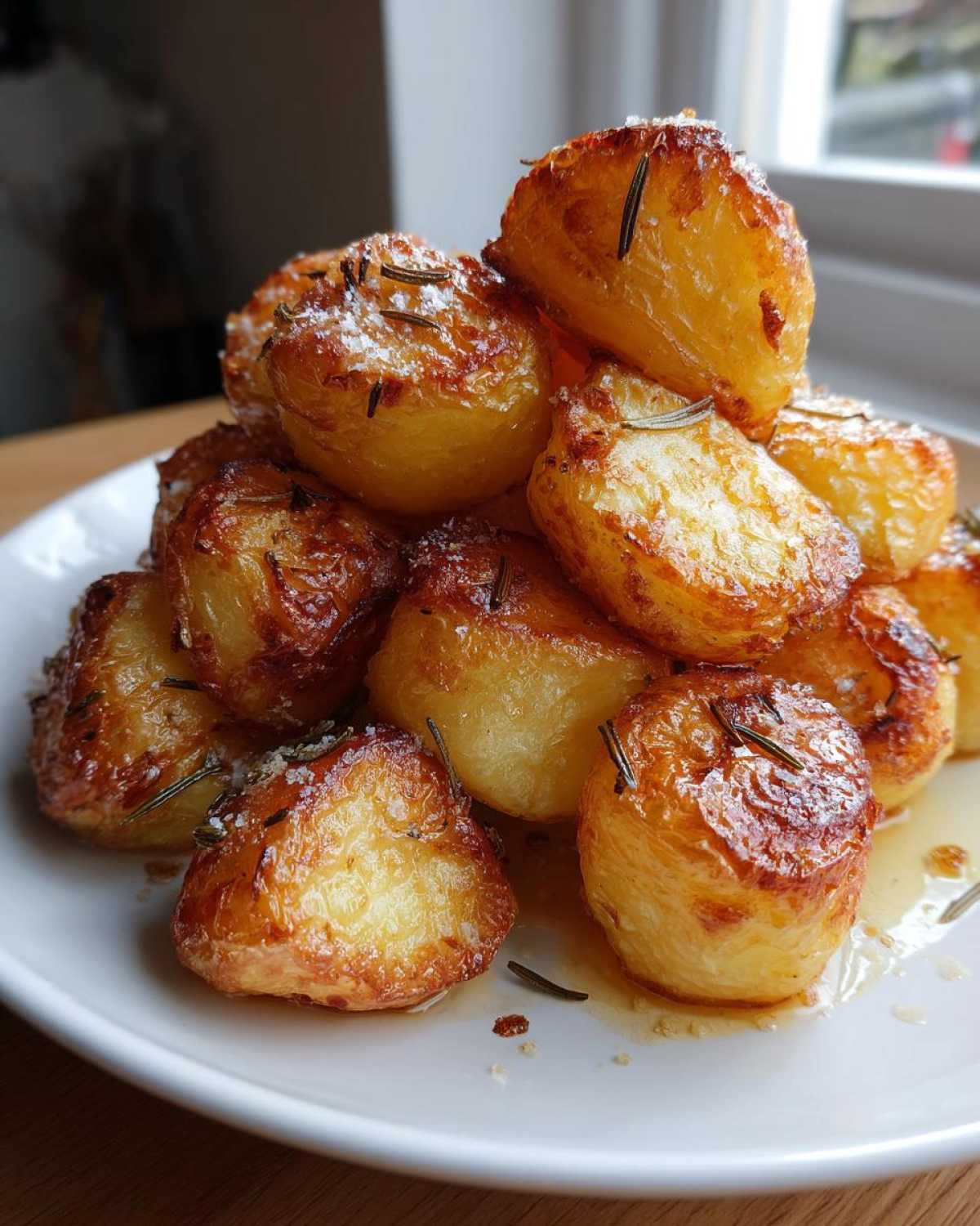 A mound of golden brown, crispy roast potatoes seasoned with rosemary and sea salt on a white plate.