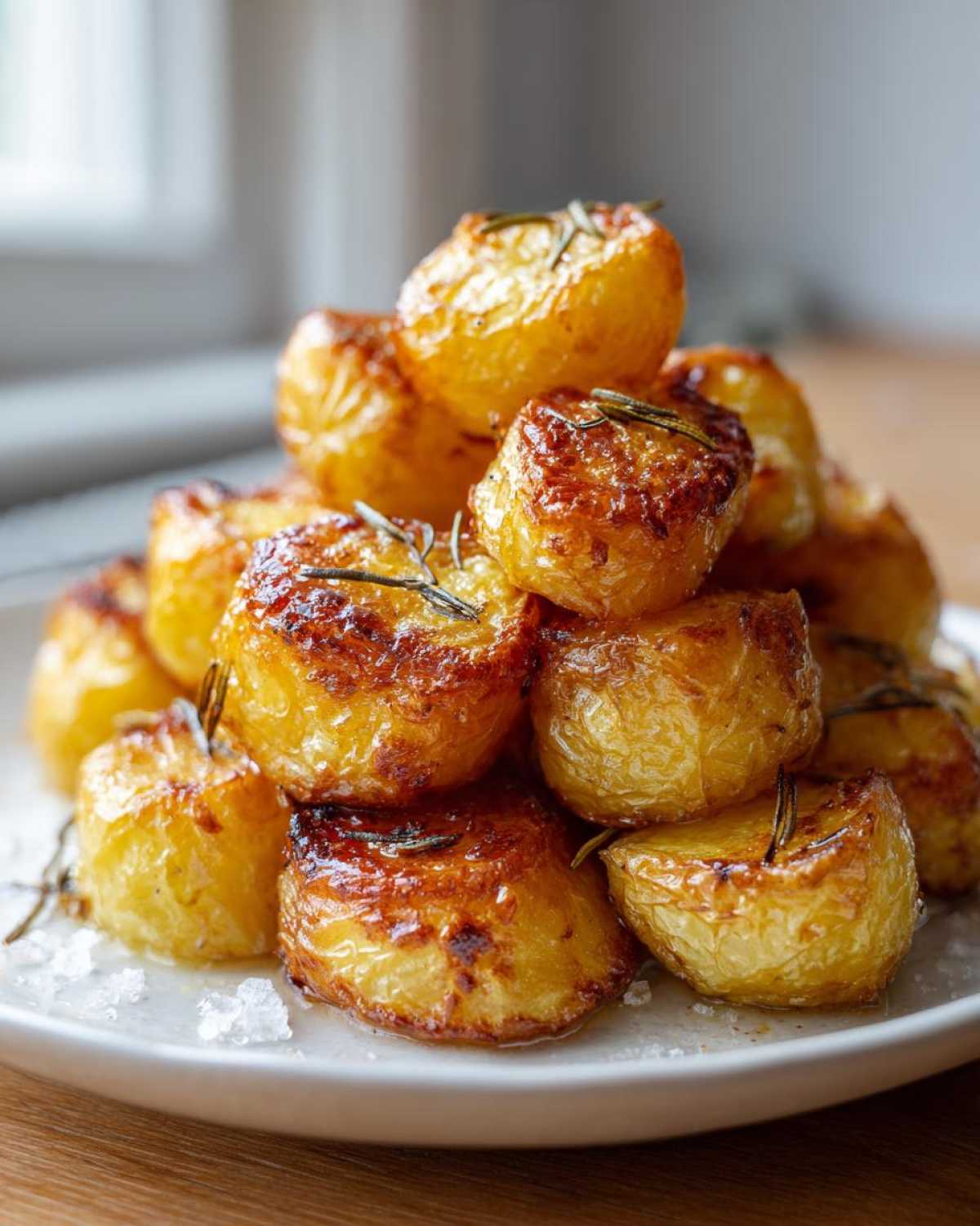 A mound of golden brown, crispy roast potatoes seasoned with rosemary sprigs and sea salt.