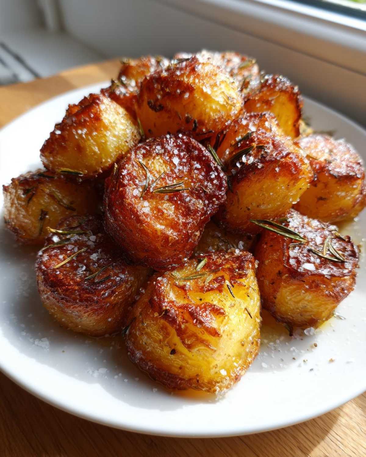 A pile of golden brown, crispy roast potatoes seasoned with coarse salt and rosemary sprigs.
