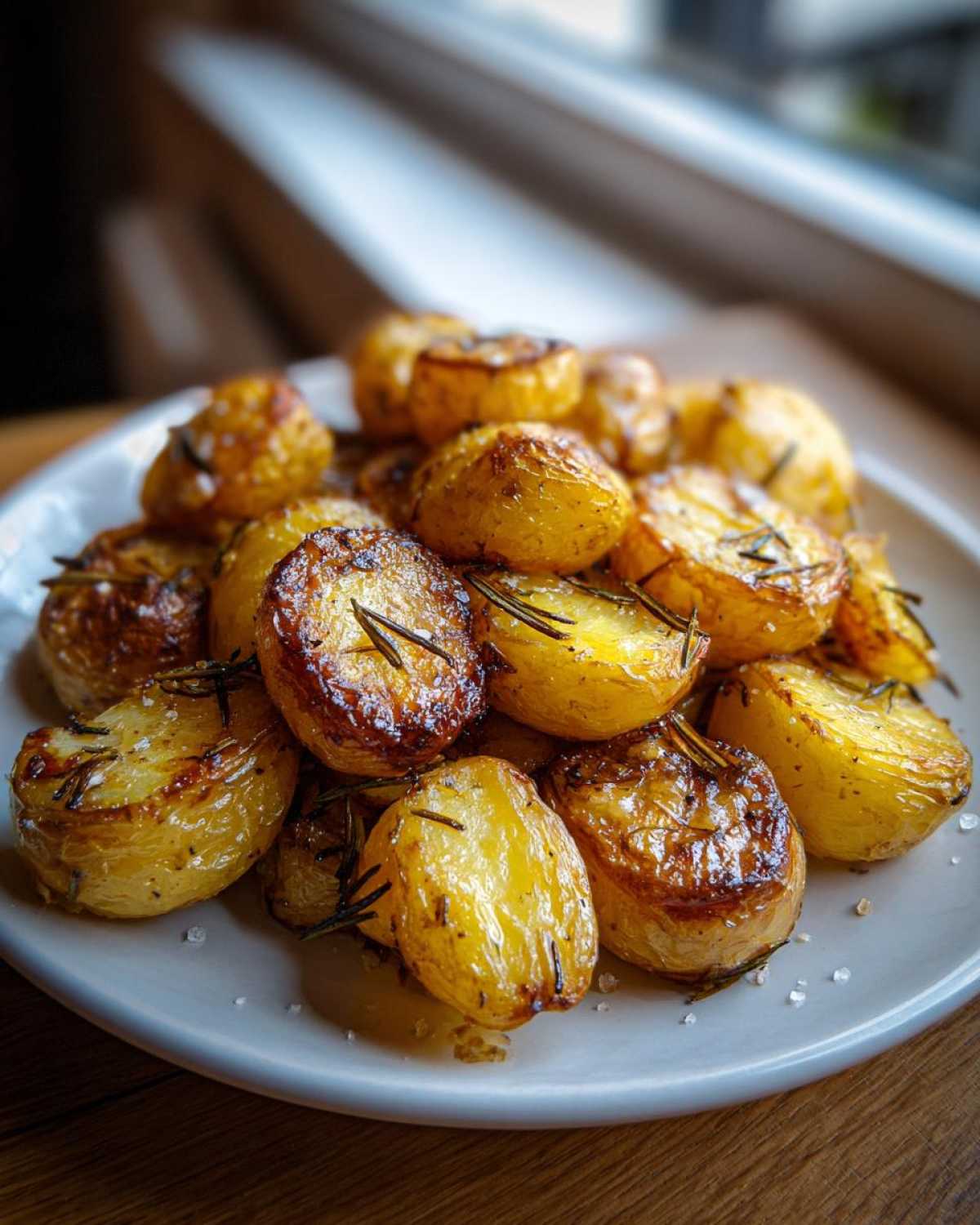 A plate piled high with golden brown, crispy roast potatoes seasoned with fresh rosemary needles.