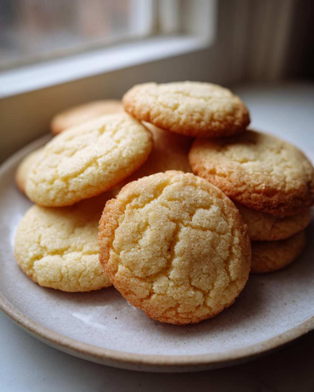 A close-up stack of freshly baked, golden soft sugar cookies dusted with granulated sugar on a light ceramic plate.