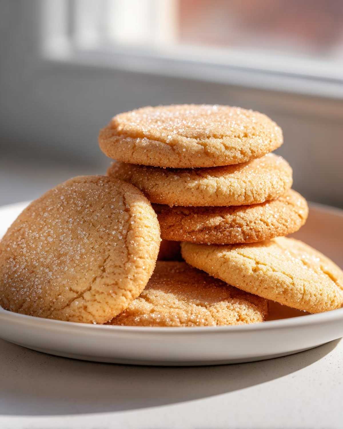 A close-up stack of golden brown soft sugar cookies generously coated in sparkling sugar crystals.