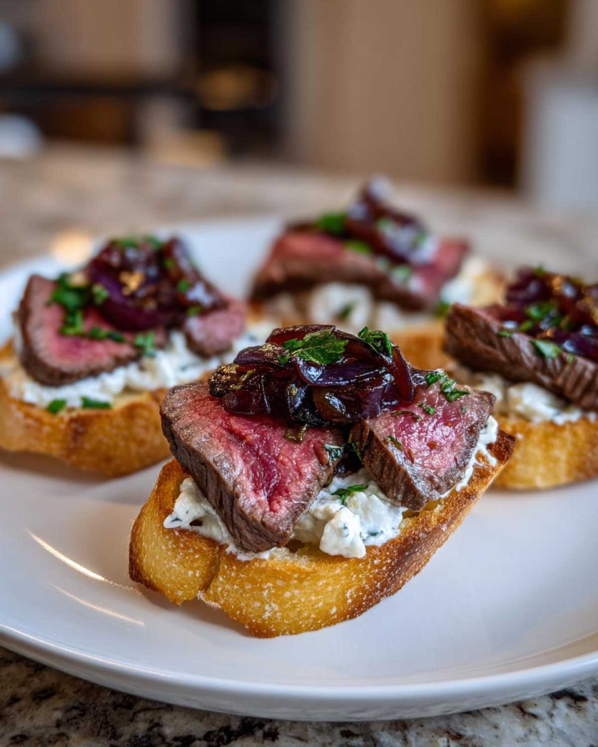 Close-up of steak crostini featuring medium-rare steak, creamy cheese, and caramelized red onions on toasted bread.