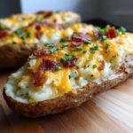A close-up of an amazing twice-baked potato loaded with melted cheddar cheese, bacon bits, and chives.