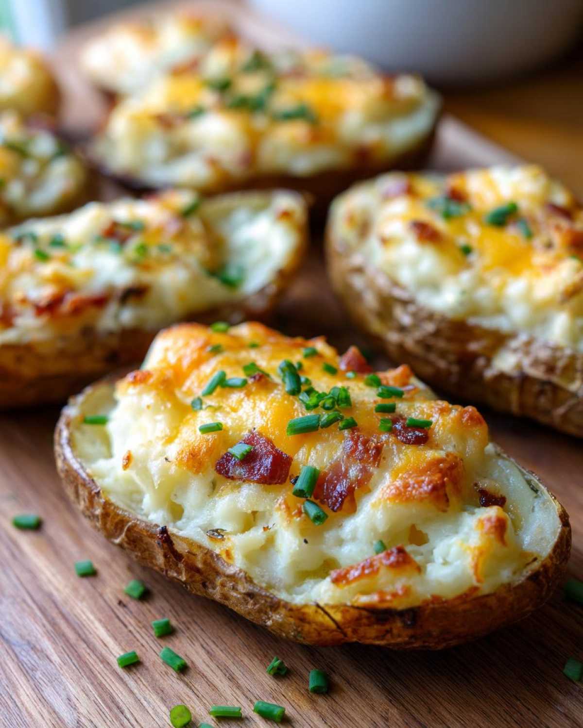 A close-up of one of the amazing twice-baked potatoes, topped with melted cheddar, bacon bits, and fresh chives.