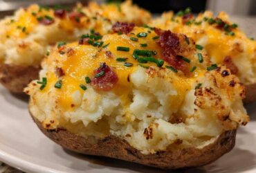Close-up of delicious twice-baked potatoes topped with melted cheddar cheese, bacon bits, and chives.