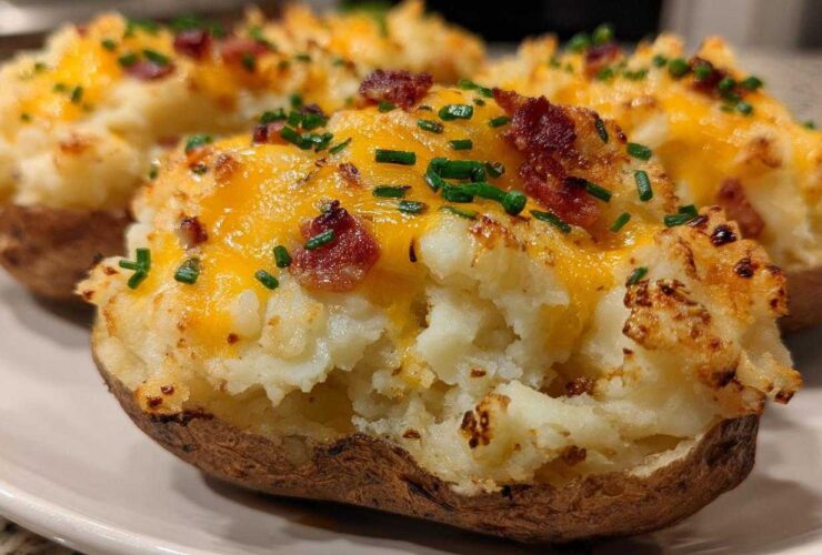 Close-up of delicious twice-baked potatoes topped with melted cheddar cheese, bacon bits, and chives.