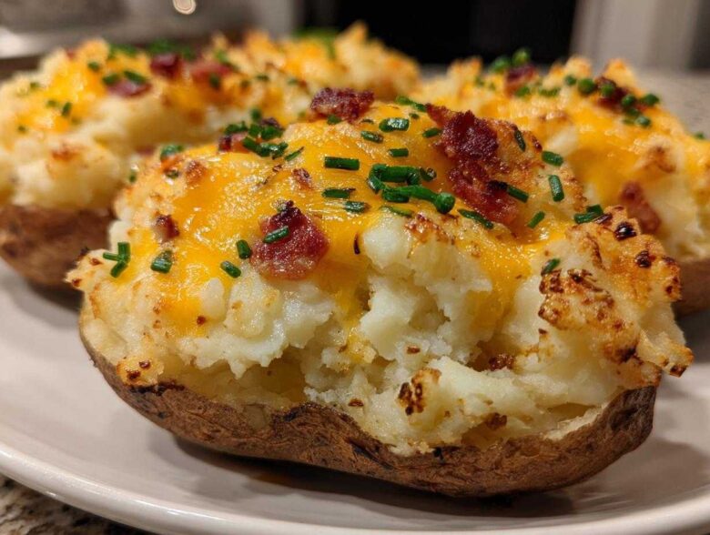 Close-up of delicious twice-baked potatoes topped with melted cheddar cheese, bacon bits, and chives.