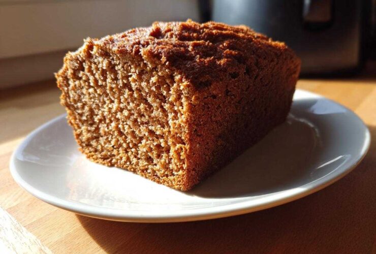 Close-up of a thick slice of dark, moist whole wheat bread resting on a white plate, lit by sunlight.