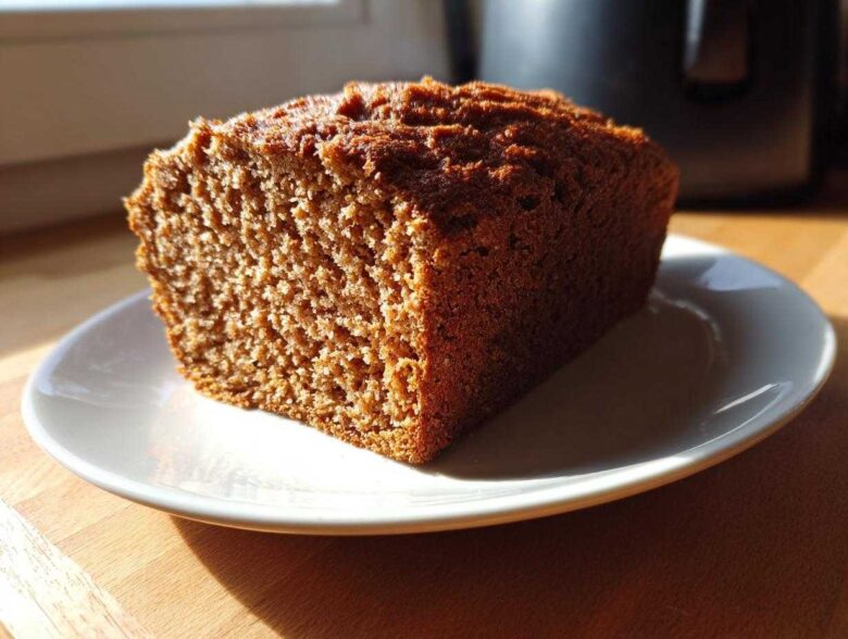 Close-up of a thick slice of dark, moist whole wheat bread resting on a white plate, lit by sunlight.