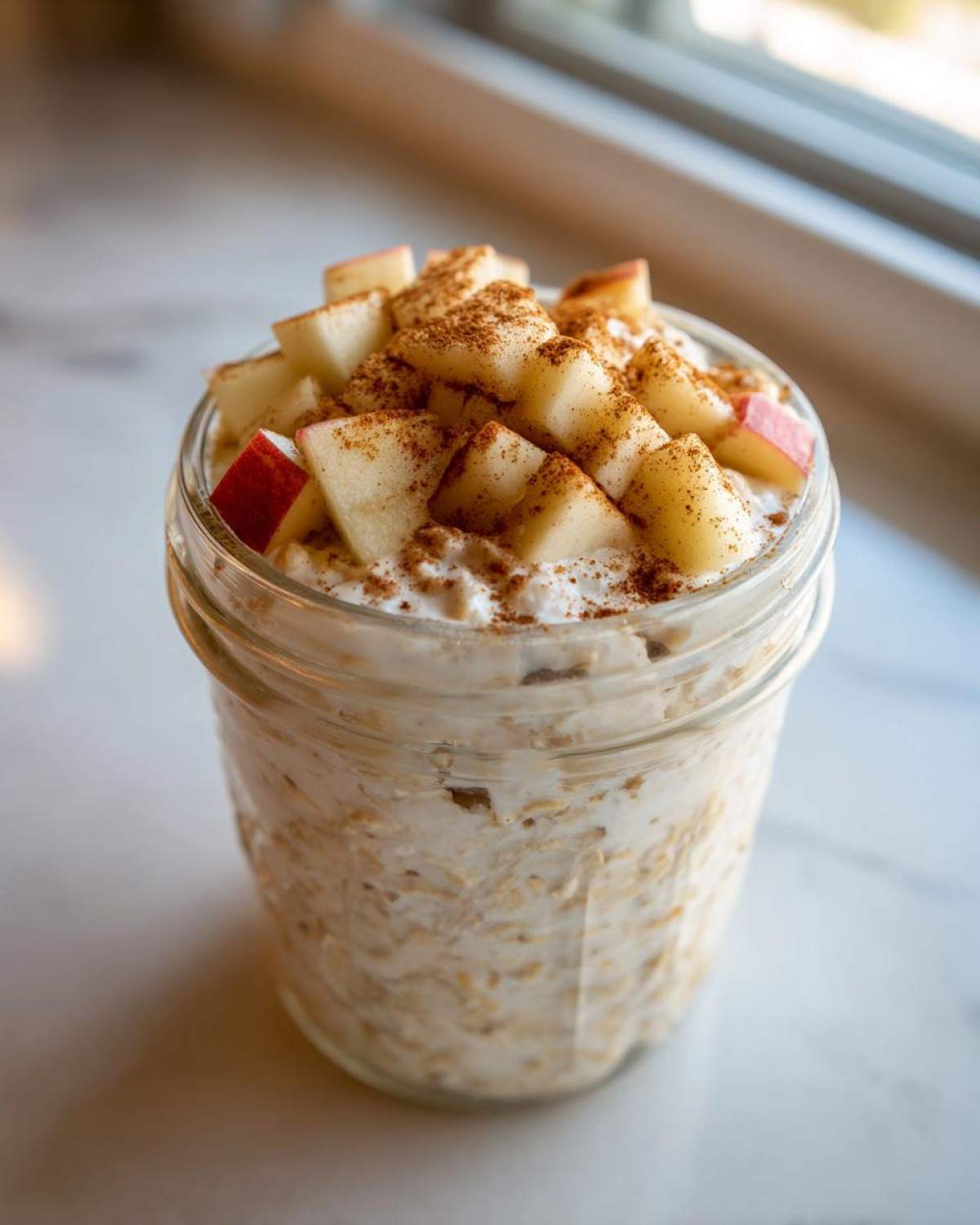 Close-up of apple cinnamon overnight oats in a mason jar, topped with fresh diced apples and a sprinkle of cinnamon.