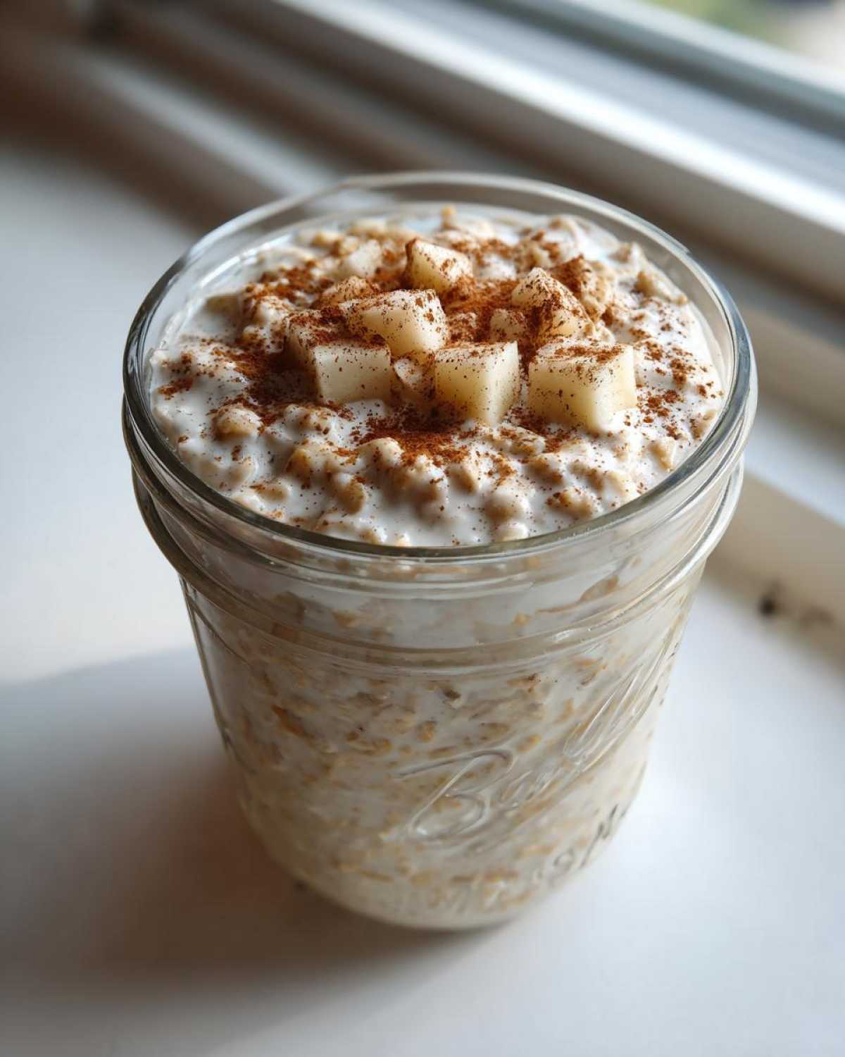Close-up of apple cinnamon overnight oats in a mason jar, topped with diced apple and cinnamon.